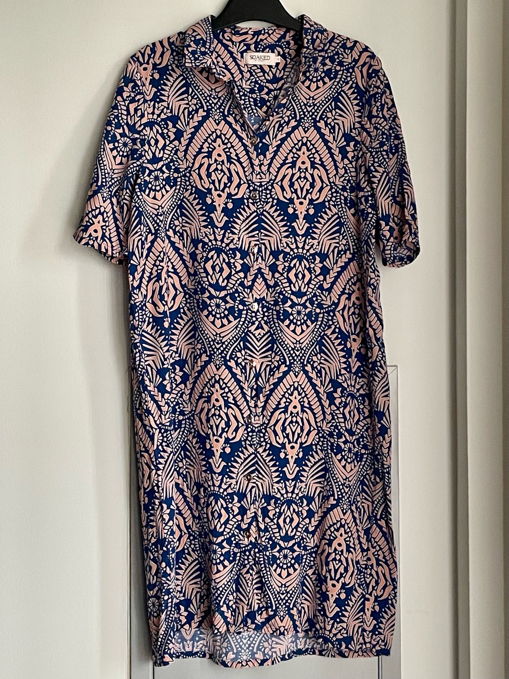 SOAKED IN LUXURY Navy and Blush Patterned Short Sleeve Button Down Mini Dress